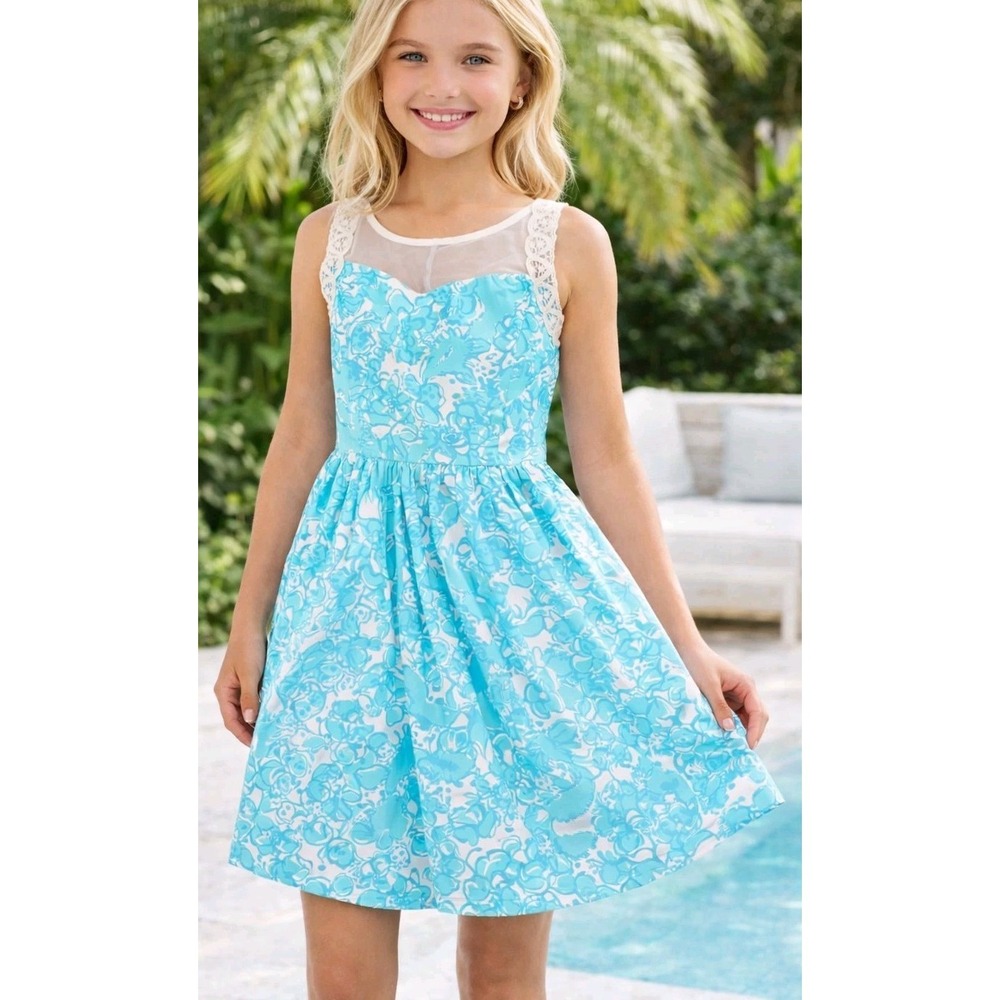 Lilly Pulitzer Little Girls Size 8 Blue Floral Lace Illusion Neck Fit Flare